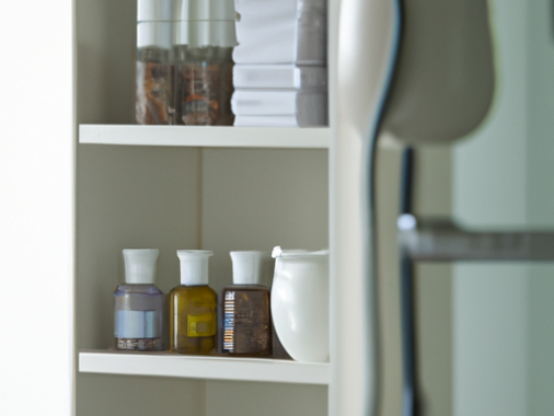 open shelving in bathroom