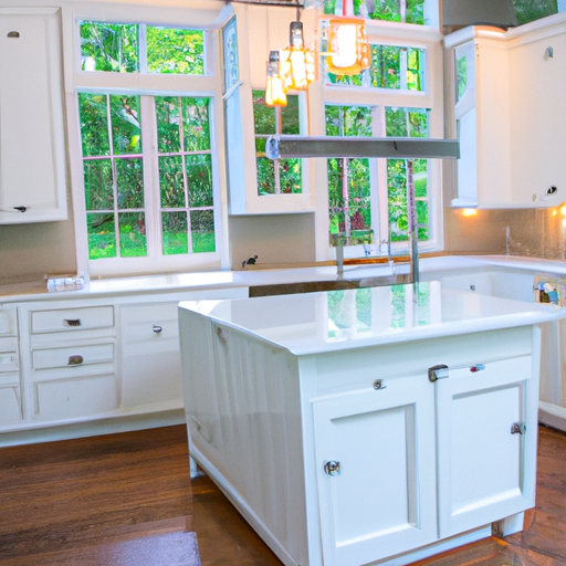 white kitchen wood island